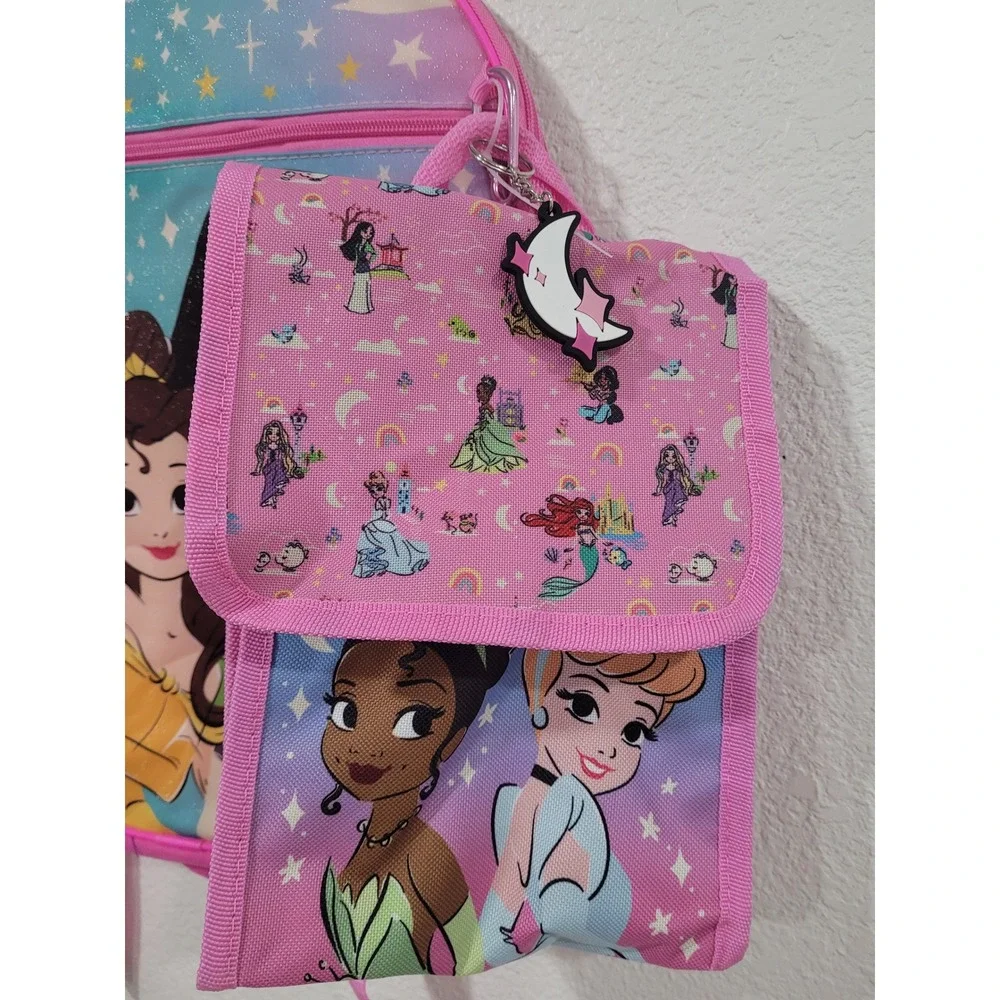 Disney Princess 2PC Backpack Set School Bag Ariel Belle Mulan Lunch Bag Charm #2